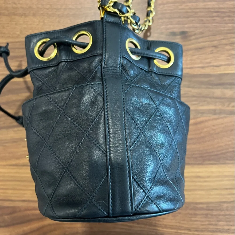 CHANEL Black Quilted Leather Drawstring Bucket Bag with Gold Hardware